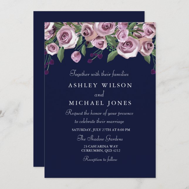 Purple Floral Rose Navy Wedding Invitation (Front/Back)