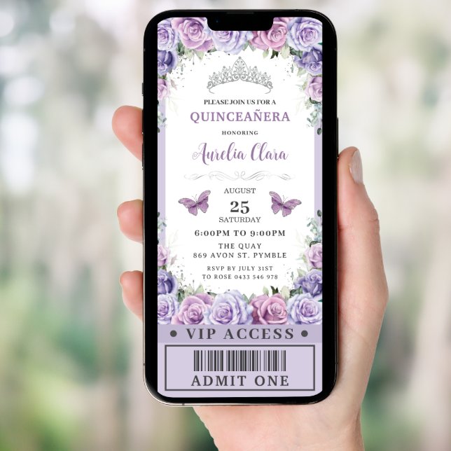 Purple Floral Rose Quinceañera Sweet 16 VIP Ticket Invitation (Front Digital)