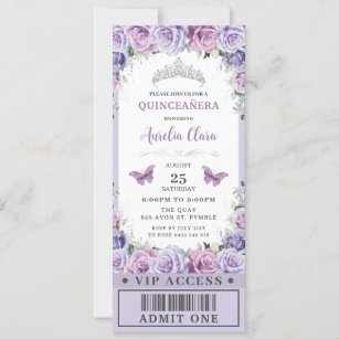 Purple Floral Rose Quinceañera Sweet 16 VIP Ticket Invitation