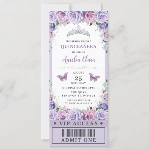 Purple Floral Rose Quinceaera Sweet 16 VIP Ticket Invitation