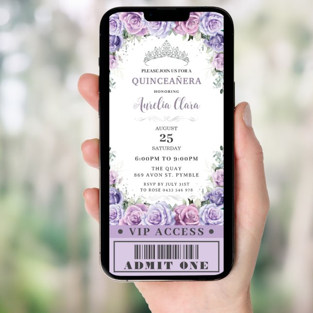 Purple Floral Rose Quinceañera Sweet 16 VIP Ticket Invitation (Front Digital)