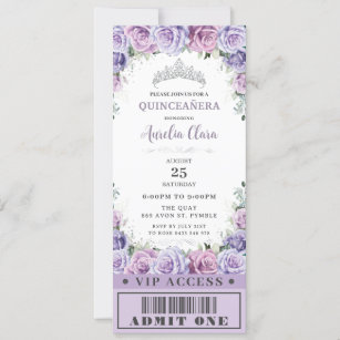 Purple Floral Rose Quinceañera Sweet 16 VIP Ticket Invitation