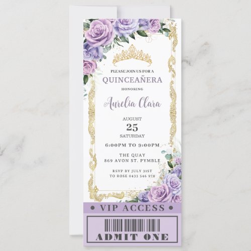 Purple Floral Rose Quinceaera Sweet 16 VIP Ticket Invitation