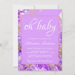 Purple Floral Roses Baby Shower Monogram Invitation