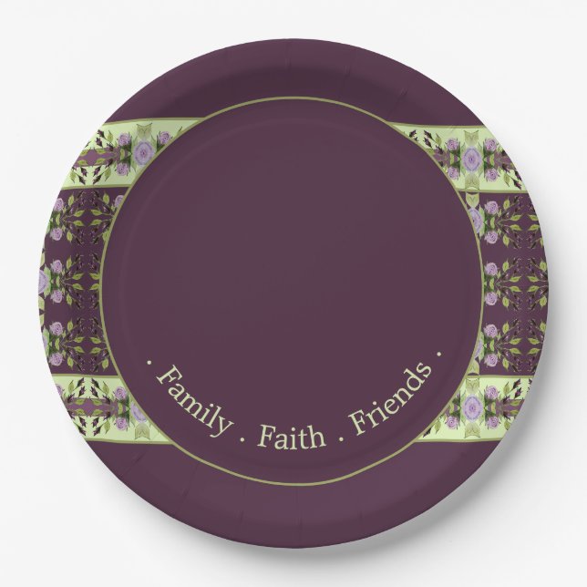 Purple Floral Roses Patterned  Paper Plates (Front)