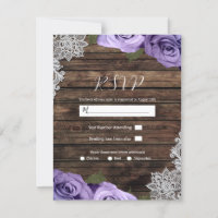 Purple Floral Roses Rustic Lace Wedding RSVP