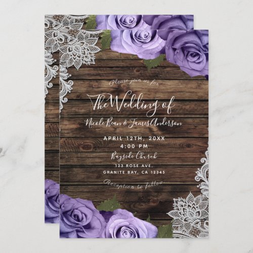 Purple Floral Roses Rustic Wood  Lace Wedding Invitation
