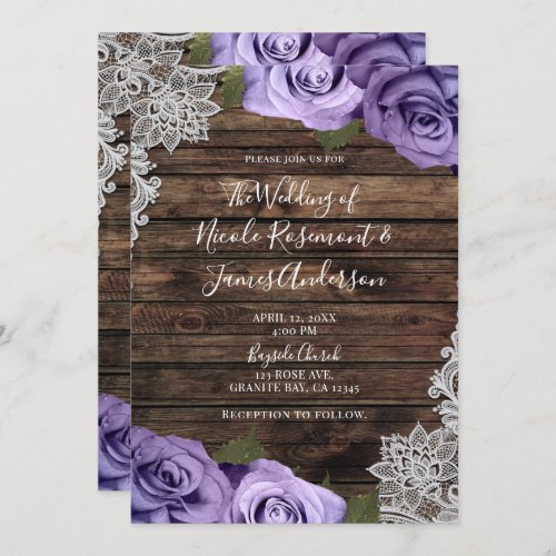 Purple Floral Roses Rustic Wood  Lace Wedding Invitation