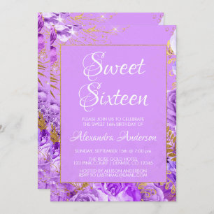 Purple Floral Roses Sweet Sixteen Monogram Invitation