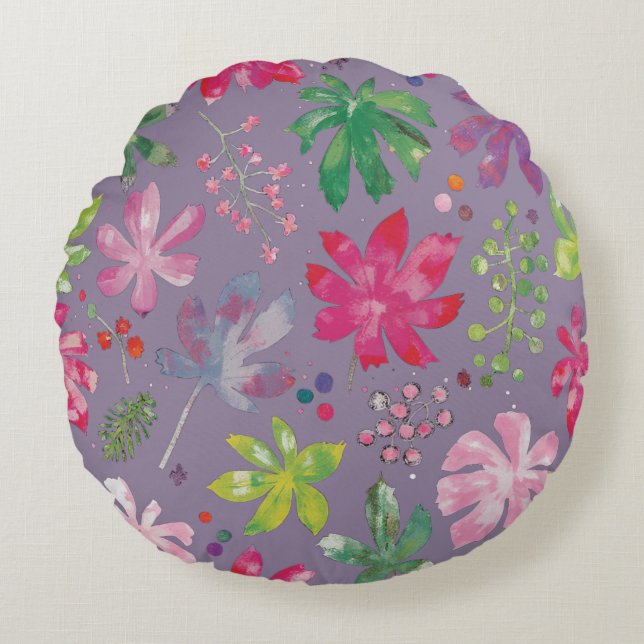 Purple Floral Round Pillow – Pink Garden Pattern  (Front)