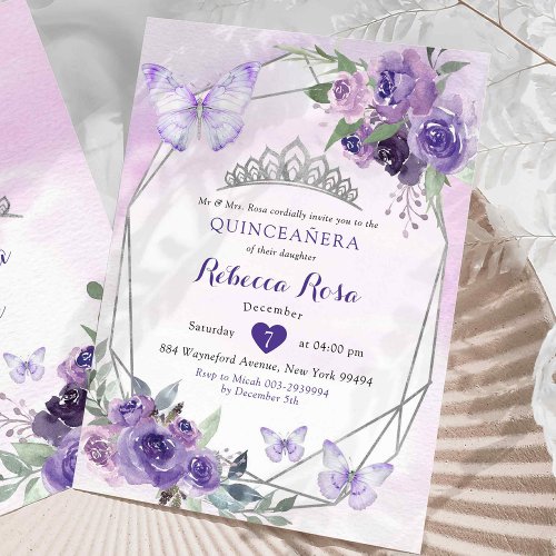 Purple Floral Royal Crown Butterfly Quinceaera Invitation
