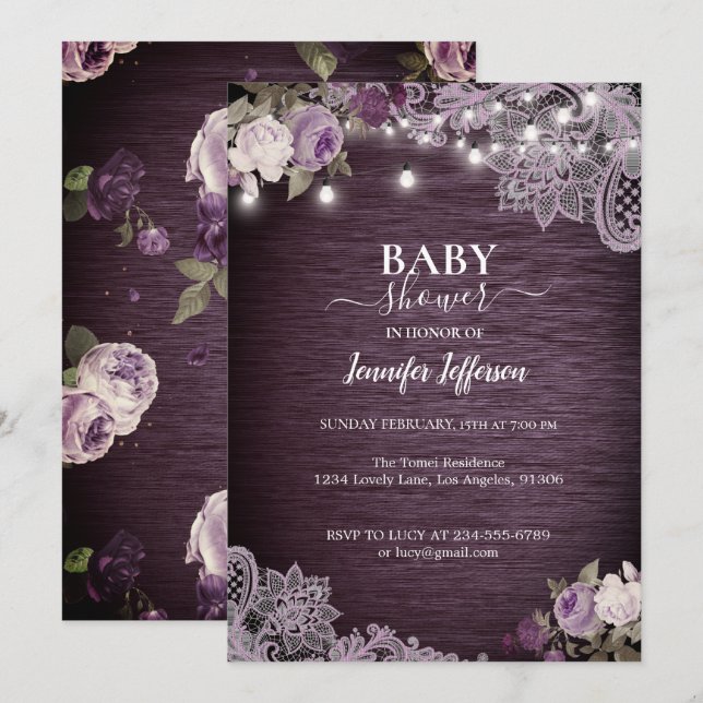 Purple Floral Rustic Baby Shower Invitation (Front/Back)