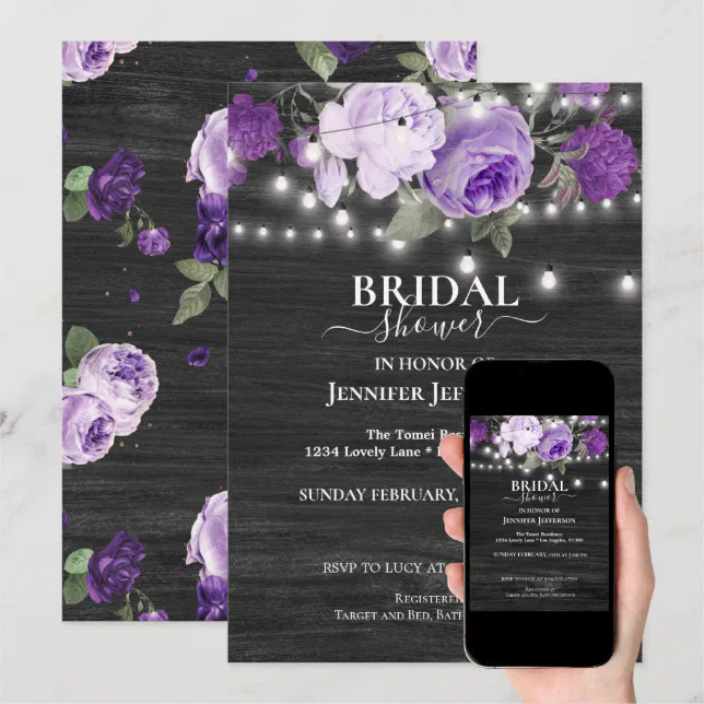 Purple Floral Rustic Bridal Shower Invitation | Zazzle