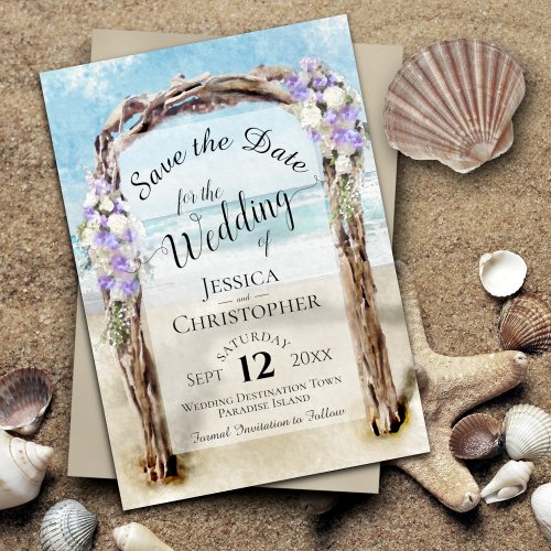 Purple Floral Rustic Driftwood Beach Arbor Wedding Save The Date