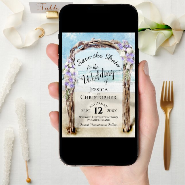 Purple Floral Rustic Driftwood Beach Arbor Wedding Save The Date (Front Digital)