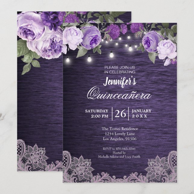 Purple Floral Rustic Quinceanera Invitation (Front/Back)