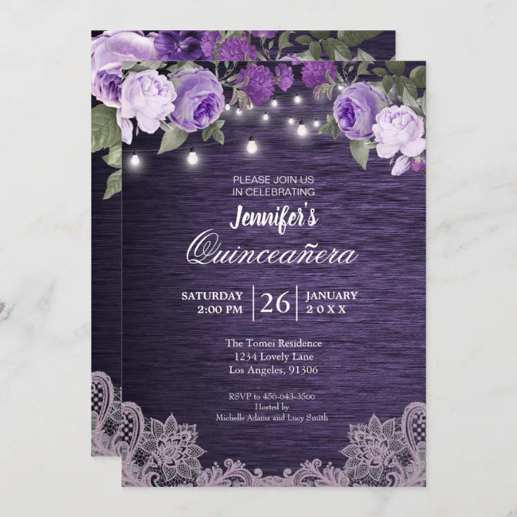 Purple Floral Rustic Quinceanera Invitation | Zazzle