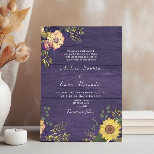 Purple Floral Rustic Sunflower Wedding Invitation