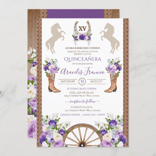 Purple Floral Rustic Western Charro Quinceanera Invitation