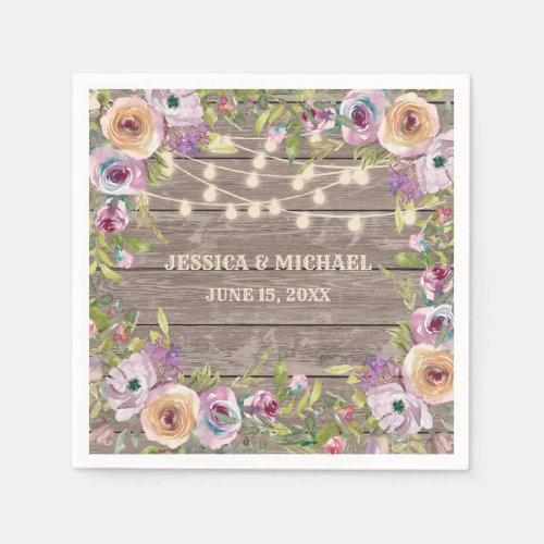 Purple Floral Rustic Wood String Light Wedding Napkins