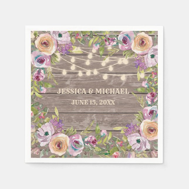 Purple Floral Rustic Wood String Light Wedding Napkins (Front)