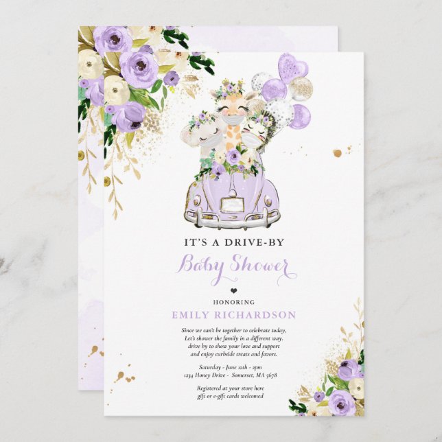 Purple Floral Safari Animals Drive By Baby Shower Invitation (Front/Back)