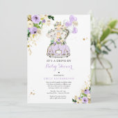 Purple Floral Safari Animals Drive By Baby Shower Invitation (Standing Front)