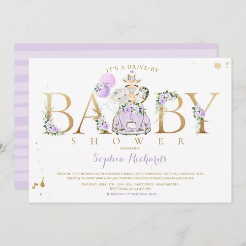 Purple Floral Safari Animals Drive By Baby Shower Invitation