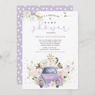 Purple Floral Safari Animals Drive By Baby Shower Invitation