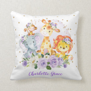 Purple Floral Safari Jungle Animals Girl Nursery Throw Pillow