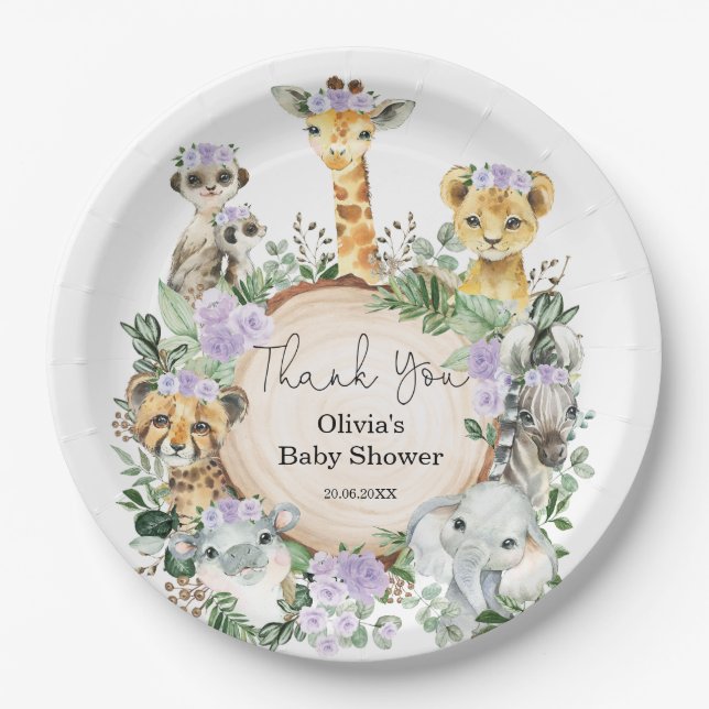 Purple Floral Safari Wild Animals Birthday Favor Paper Plates (Front)