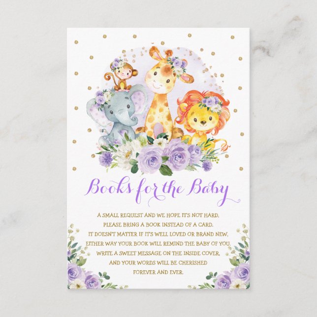 Purple Floral Safari Wild Animals Books for Baby Enclosure Card (Front)