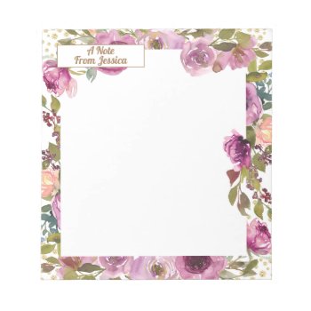 Purple Floral Sage Green Leaves Gold Glitter White Notepad by ALittleSticky at Zazzle