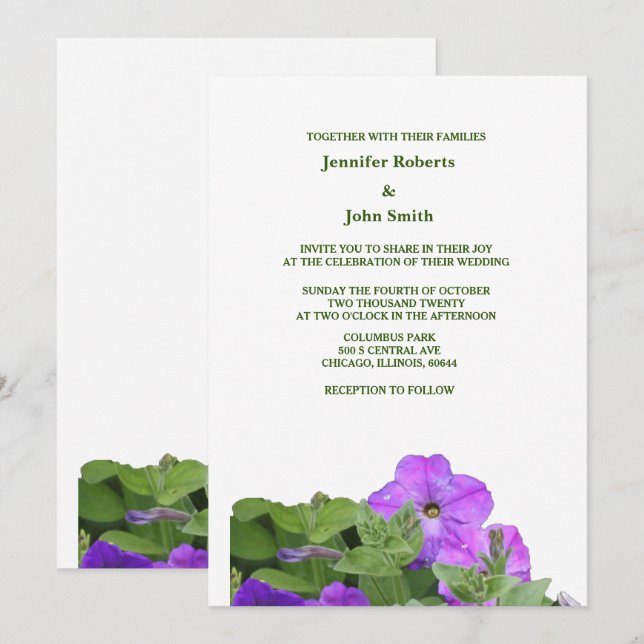 Purple Floral Sage Green Violet Flowers Wedding Invitation (Front/Back)