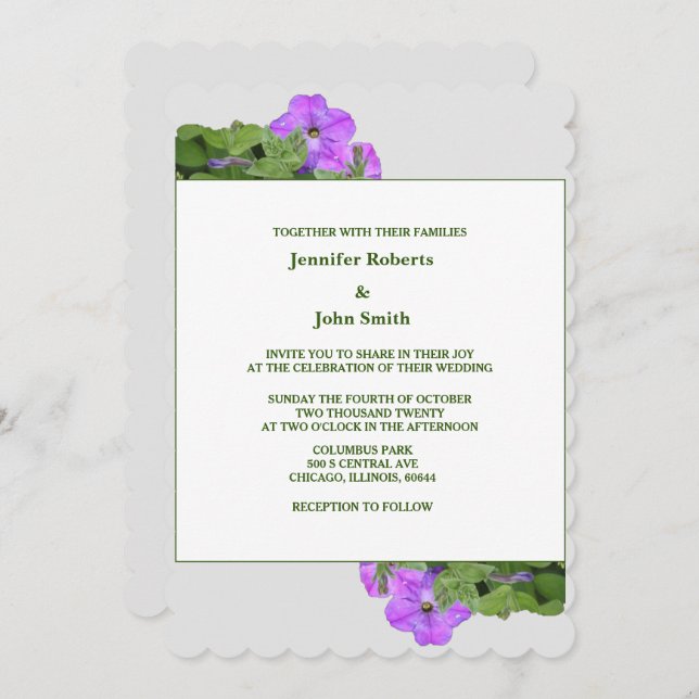 Purple Floral Sage Green Violet Grey Cute Wedding Invitation (Front/Back)