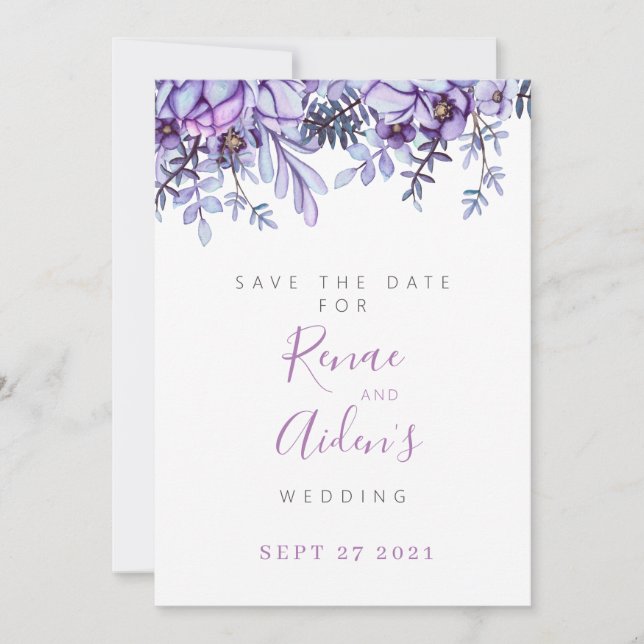 Purple Floral Save the date card (Front)