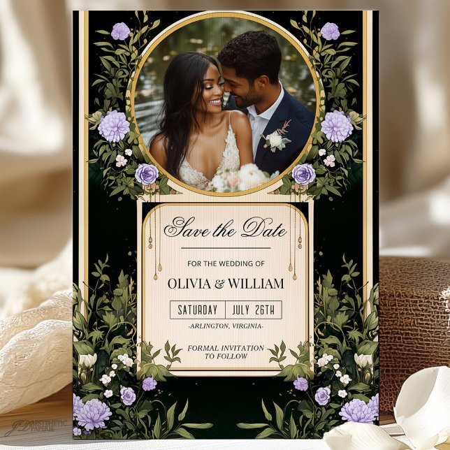 Purple Floral Save the Date with Photo Invitation (Creator Uploaded)