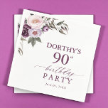 Purple Floral Script 90th Birthday  Napkins<br><div class="desc">Celebrate a beautiful milestone with these elegant purple floral script 90th birthday napkins. Featuring a graceful calligraphy font and delicate watercolor flowers,  these napkins add a soft,  sophisticated touch to your birthday table décor. Perfect for milestone celebrations,  brunches,  or tea parties with a refined floral theme.</div>