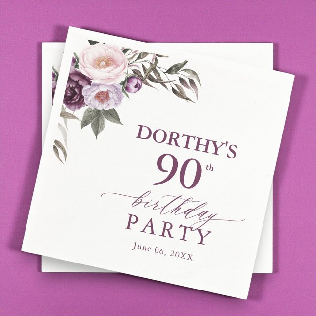 Purple Floral Script 90th Birthday  Napkins (Creator Uploaded)