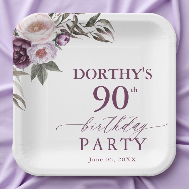 Purple Floral Script 90th Birthday  Paper Plates (Creator Uploaded)
