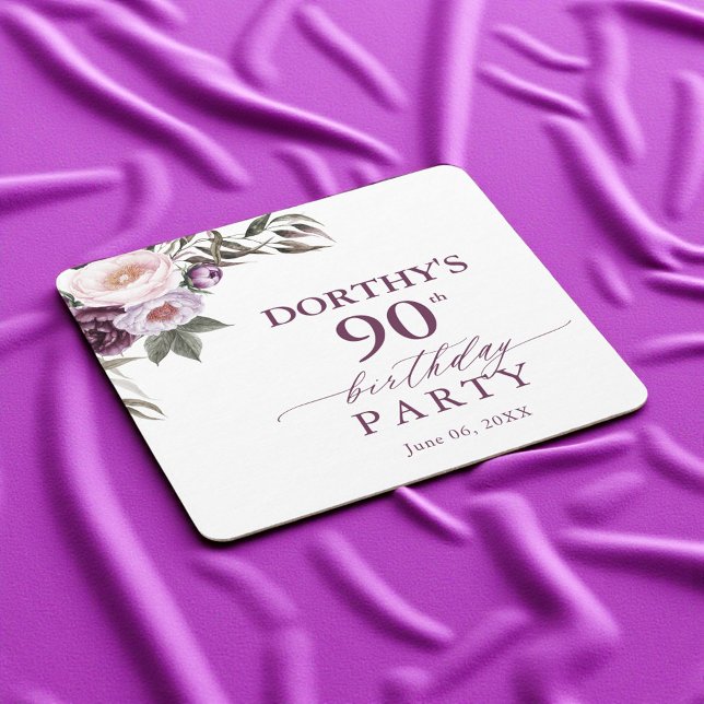 Purple Floral Script 90th Birthday  Square Paper Coaster (Creator Uploaded)