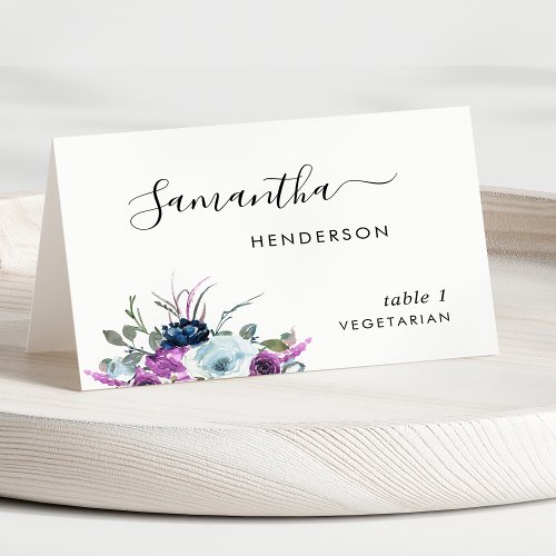 Purple Floral Script Custom Wedding Place Cards