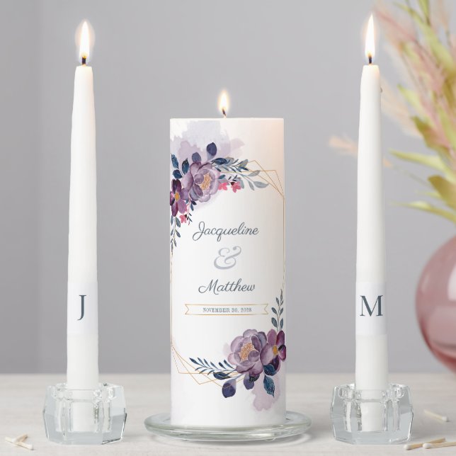 Purple Floral Script Faux Gold Geometric Wedding Unity Candle Set (In Situ)