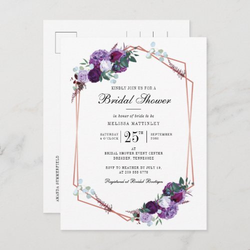 Purple Floral Script Geometric Bridal Shower Invitation Postcard