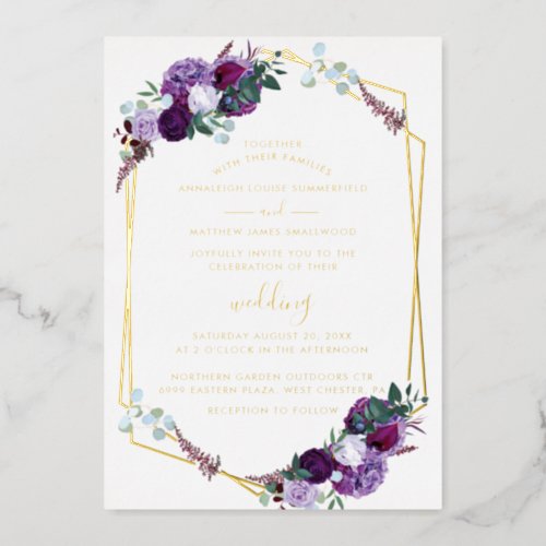 Purple Floral Script Geometric Wedding Gold Foil Invitation