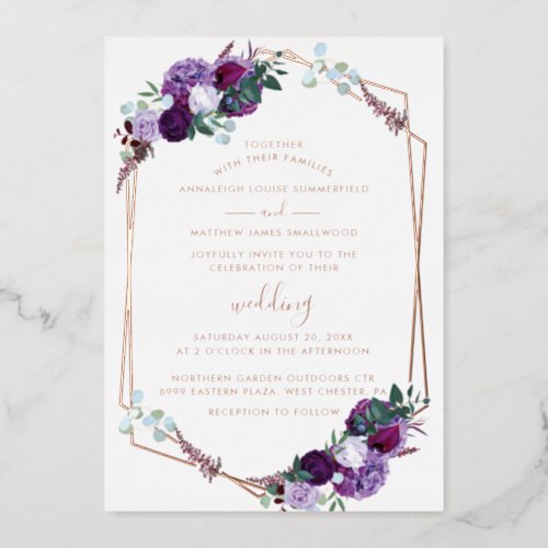 Purple Floral Script Geometric Wedding Rose Gold Foil Invitation