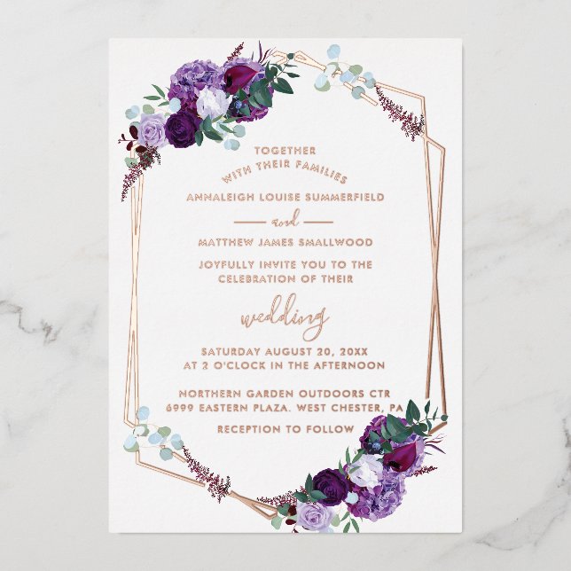 Purple Floral Script Geometric Wedding Rose Gold Foil Invitation (Front)