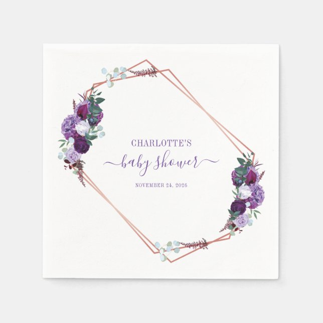 Purple Floral Script Girl Baby Shower Napkins (Front)