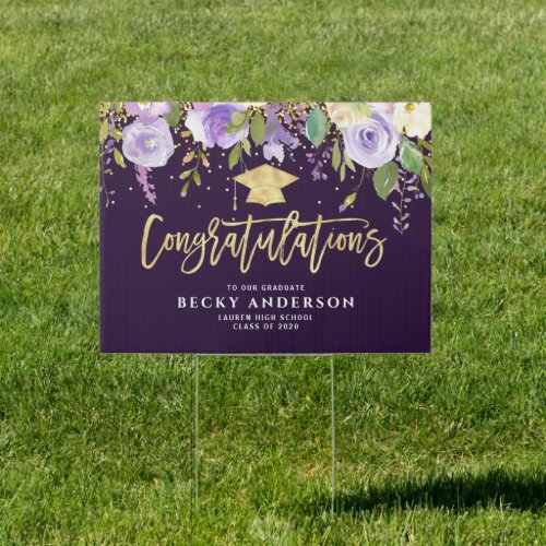 Purple floral script graduation yard sign