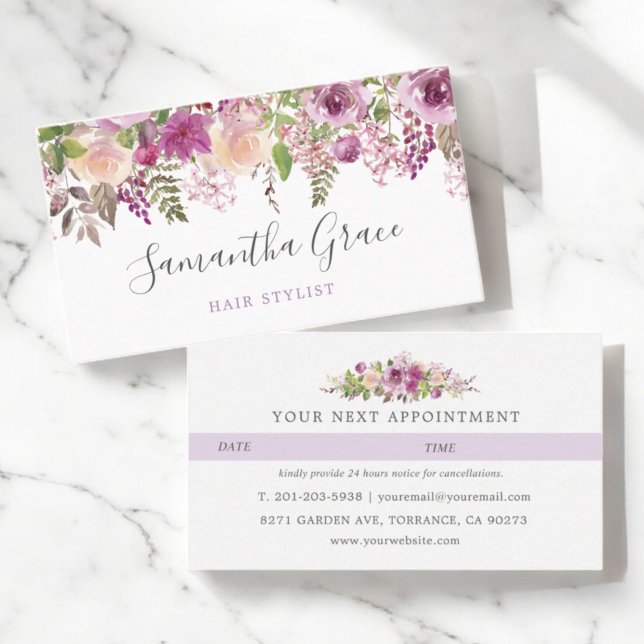 Purple Floral Script Hair Stylist Appointment Card (Creator Uploaded)